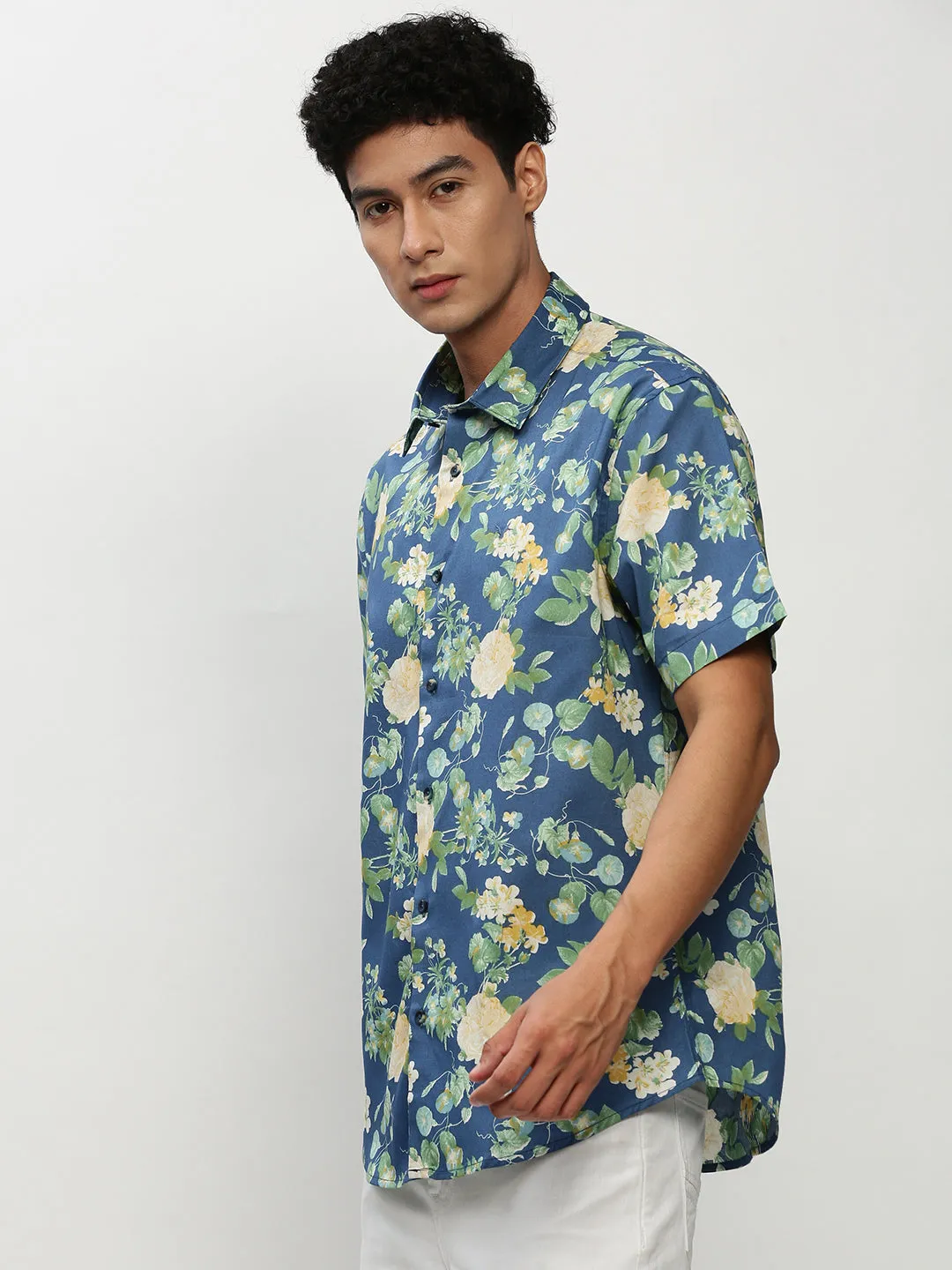 Men Blue Standard Floral Printed Cotton Slim Fit Casual Shirt